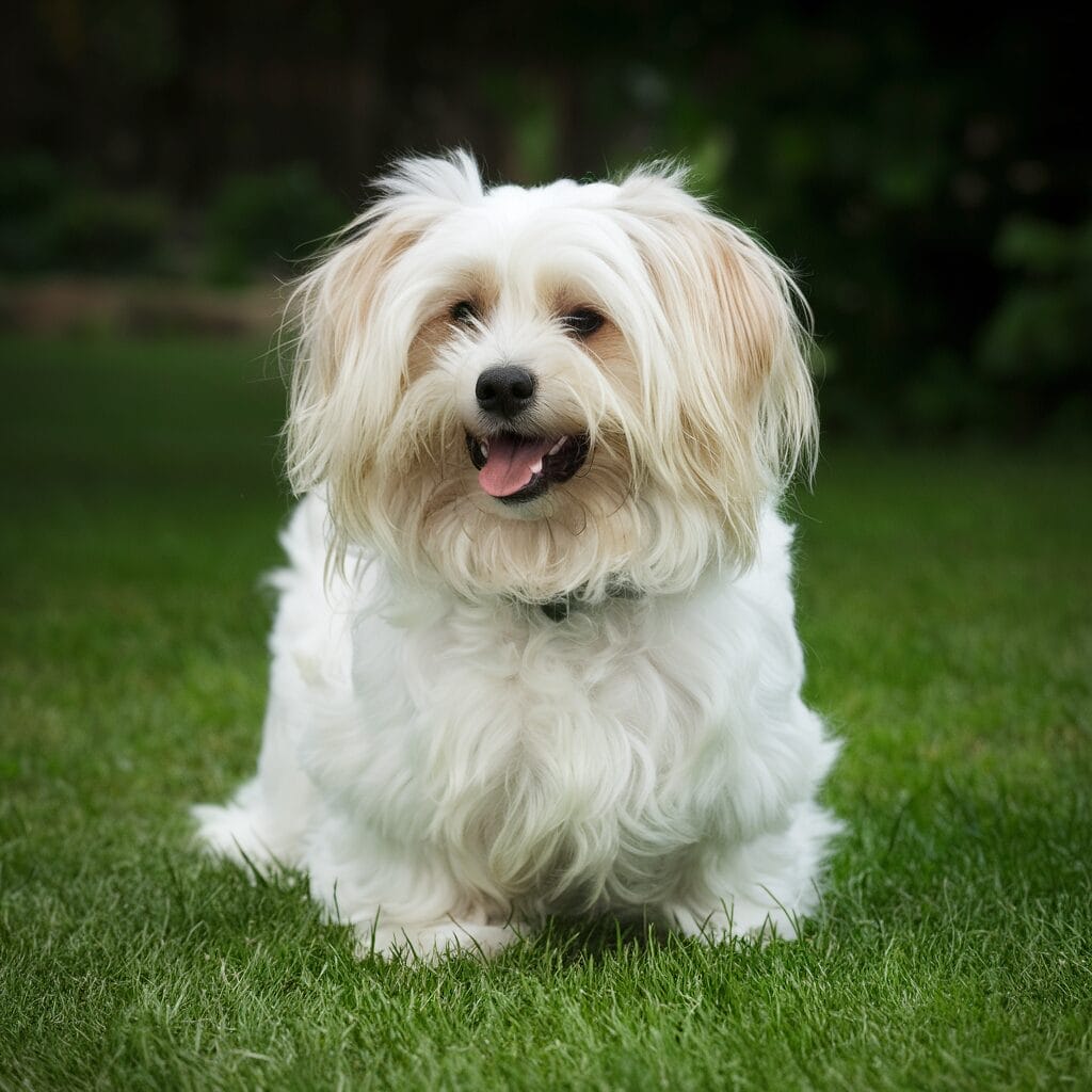 A white, fluffy dog with long fur sits on green grass outdoors, looking at the camera with its tongue out.