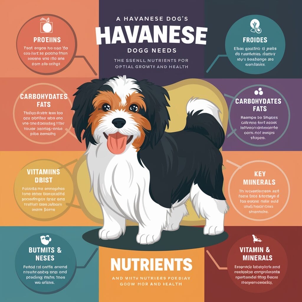Infographic of a Havanese dog with segments detailing essential nutrients: proteins, carbohydrates (fats and starches), vitamins (B1, B12, and E), minerals, fiber, and healthy treats for growth and health.