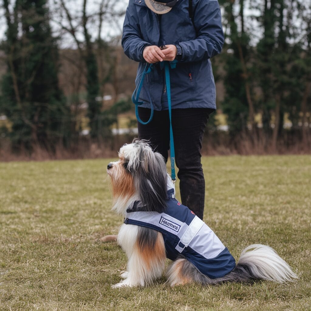 Person in a blue jacket holding a leash with a seated, long-haired dog wearing a blue and white jacket in a grassy outdoor area.