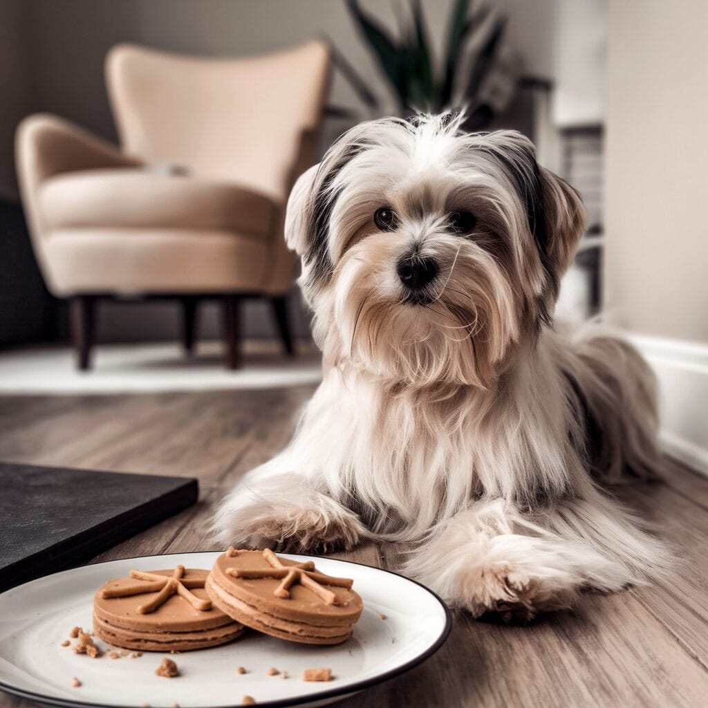 A dog lies on the floor next to a plate with two star-shaped biscuits. A beige chair is in the background.