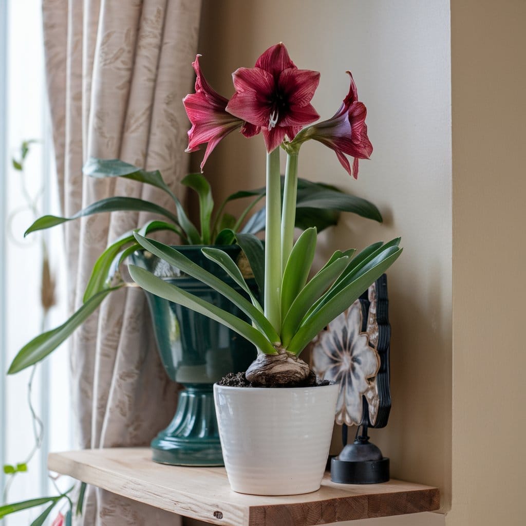 Red amaryllis flower in a white pot on a wooden shelf, beside a green potted plant and a decorative item, near a window with beige curtains.