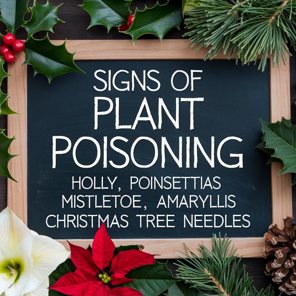 Chalkboard with text: "Signs of Plant Poisoning: Holly, Poinsettias, Mistletoe, Amaryllis, Christmas Tree Needles." Surrounded by festive greenery and flowers.