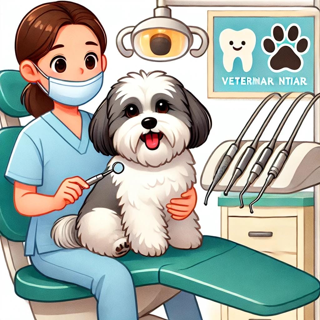 A veterinarian examines a black and white dog in a clinic. The vet wears a mask, and dental tools are visible nearby. A sign shows a tooth and paw print.