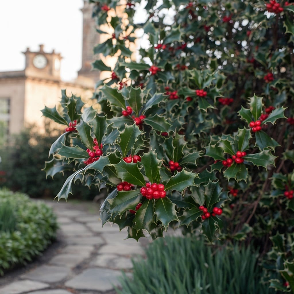 Holly bush with glossy green leaves and clusters of red berries beside a stone path and building in the background.