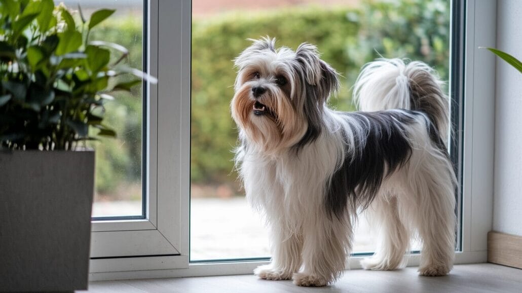 A fluffy black and white dog stands by a glass door, looking outside. There are green plants on either side.
