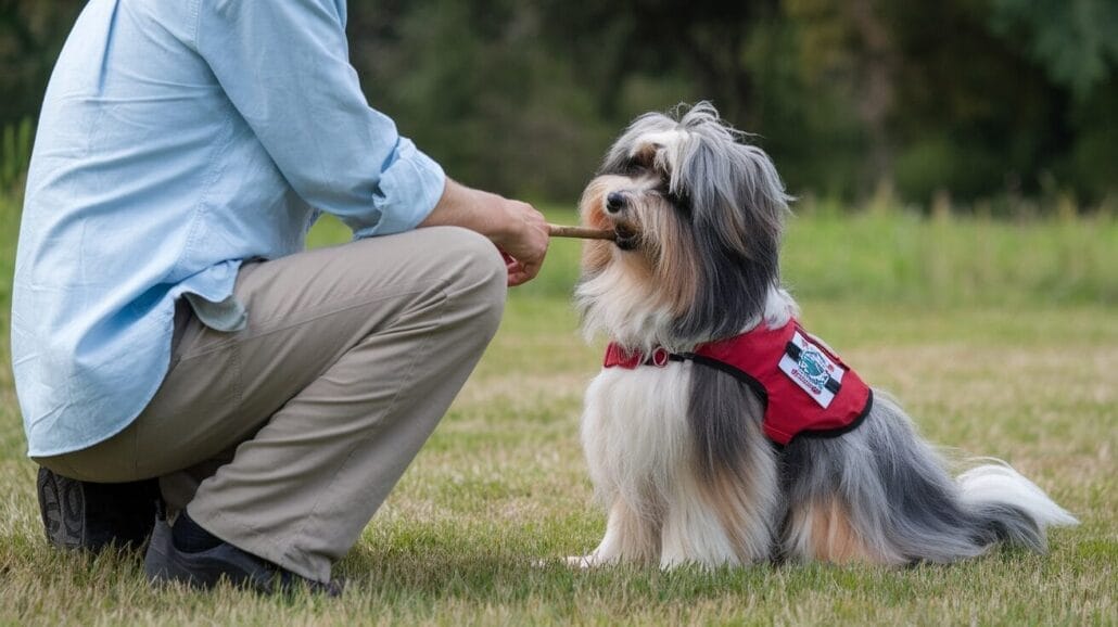 Person kneeling on grass gives a treat to a long-haired dog wearing a red service vest.