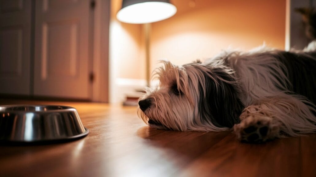 A black and white dog lies on a wooden floor, looking at an empty metal dog bowl, with a warm light illuminating the background.