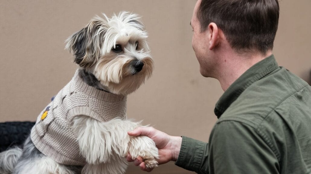 A man in a green shirt shakes hands with a small dog wearing a knitted sweater.