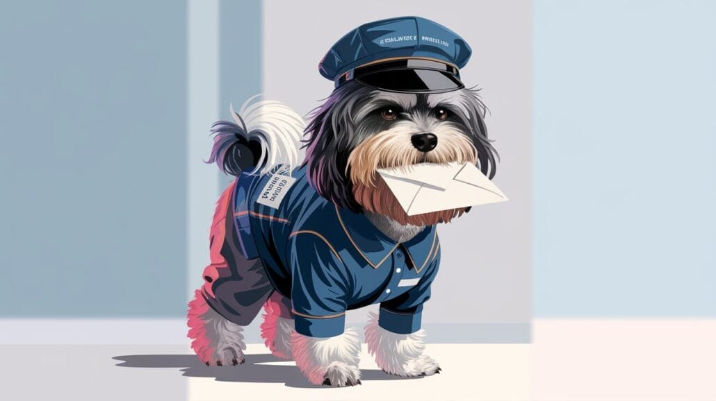 A small dog in a blue postal uniform holds an envelope in its mouth, standing against a simple indoor backdrop.