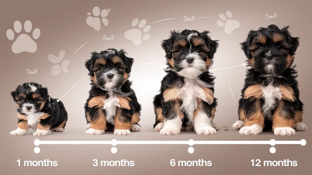 Four puppies at different ages (1, 3, 6, 12 months) showing size progression with paw print graphics indicating growth over time.