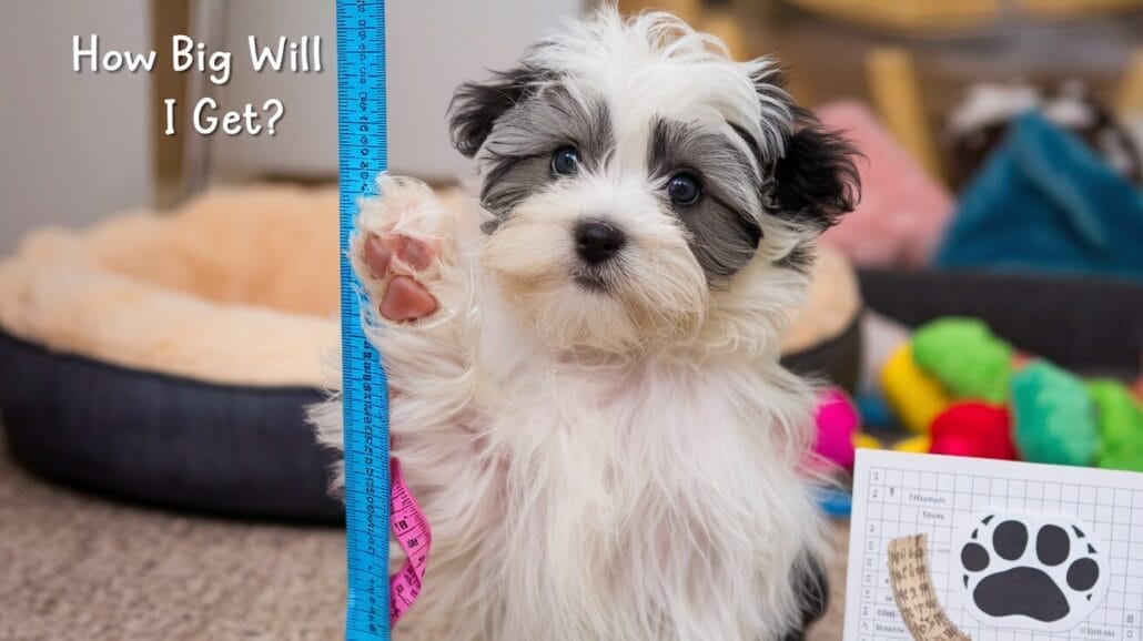Fluffy puppy measuring its height with a blue ruler, paw raised. Text reads "How Big Will I Get?" Toys and a paw print chart are in the background.
