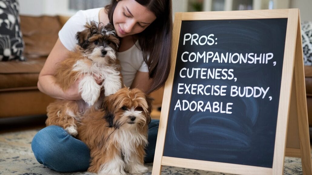 A person holding two small dogs next to a chalkboard listing: "Pros: Companionship, Cuteness, Exercise Buddy, Adorable.