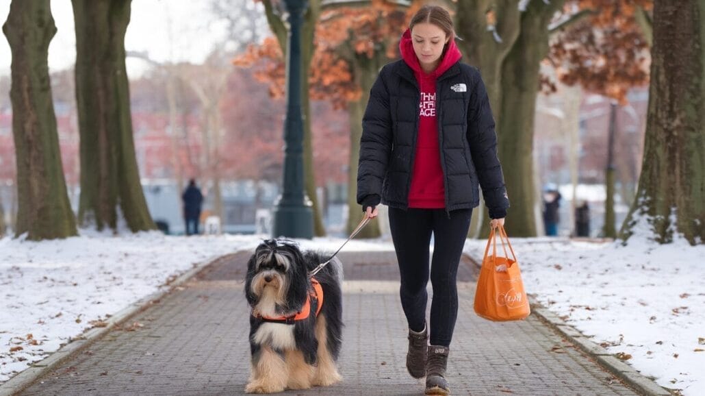 A woman wearing a red hoodie and black jacket walks a fluffy black and white dog on a snowy park path while carrying an orange bag.