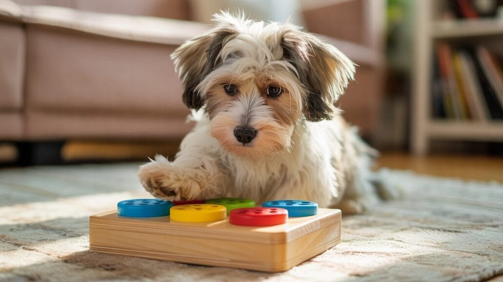 A small fluffy dog presses a paw on a wooden puzzle toy with colorful buttons while lying on a rug indoors.
