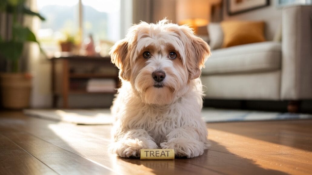 A fluffy white and tan dog lies on a wooden floor in a sunlit living room, looking forward, with a treat labeled "TREAT" in front of its paws.