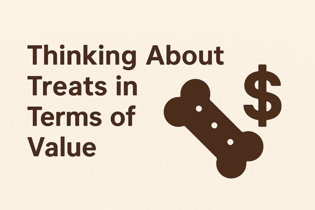 Text reads "Thinking About Treats in Terms of Value" beside icons of a dog bone and a dollar sign on a plain background.