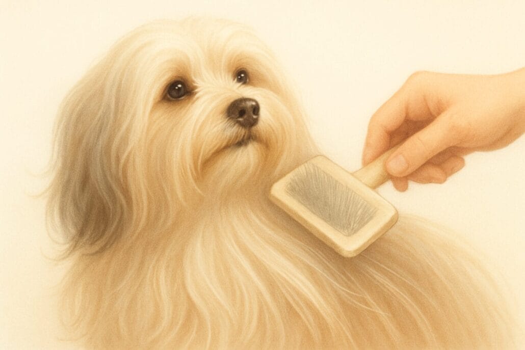 A hand brushes the long, white fur of a small dog with a slicker brush.