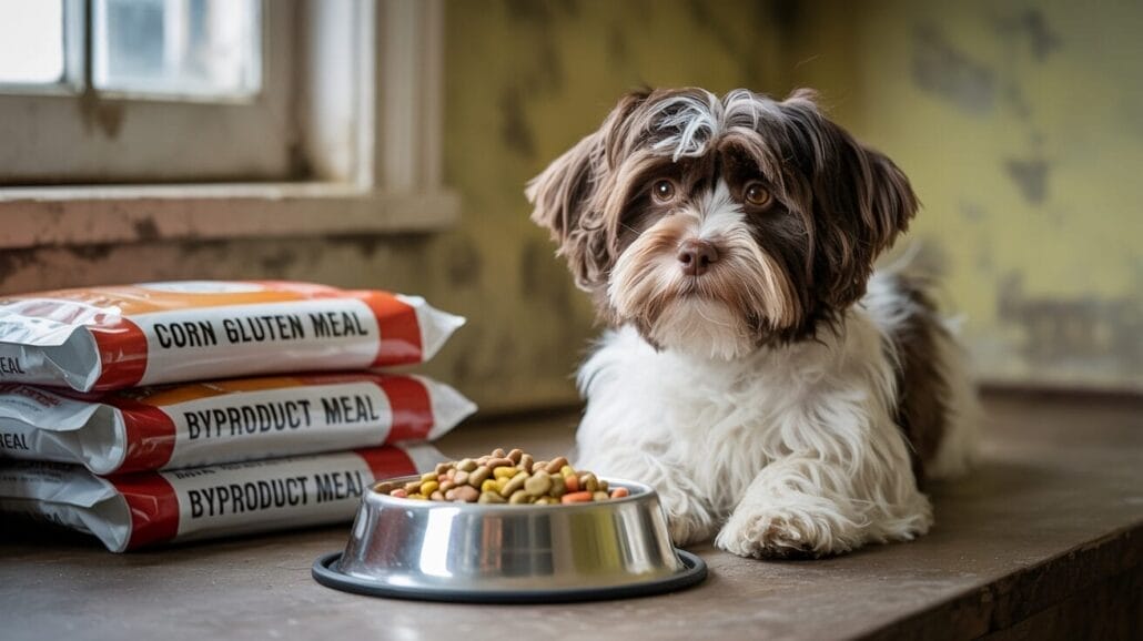 A small dog sits by a bowl of dry dog food on a counter next to bags labeled "Corn Gluten Meal" and "Byproduct Meal," with a window in the background.