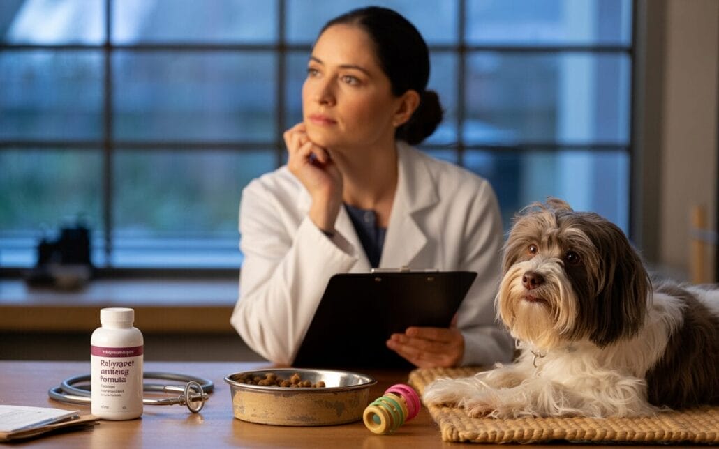 A veterinarian in a white coat sits at a desk with a clipboard, next to a small dog, a bottle of supplement, a stethoscope, dog food, and toys.