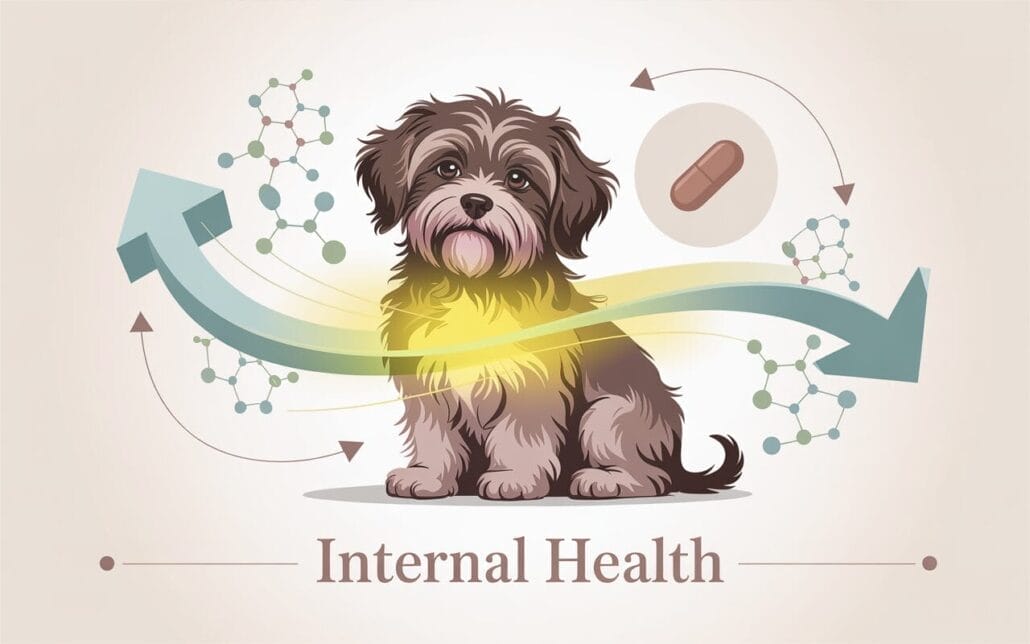 Illustration of a small dog surrounded by arrows, molecule diagrams, and a pill, with the text "Internal Health" beneath, representing pet health and wellness.