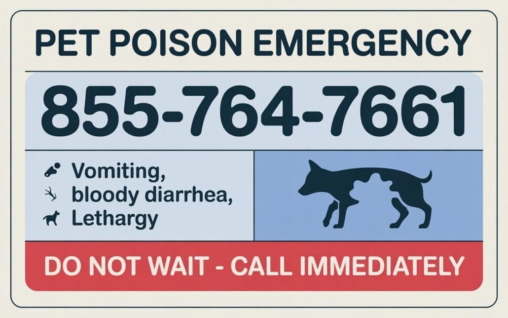 Sign reading "PET POISON EMERGENCY 855-764-7661" with symptoms listed and advice to call immediately if vomiting, bloody diarrhea, and lethargy occur.