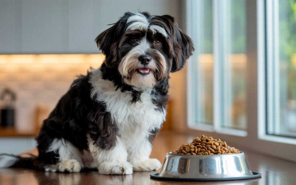 A black and white dog sits on a table next to a bowl of dry dog food, with a window and kitchen in the background.