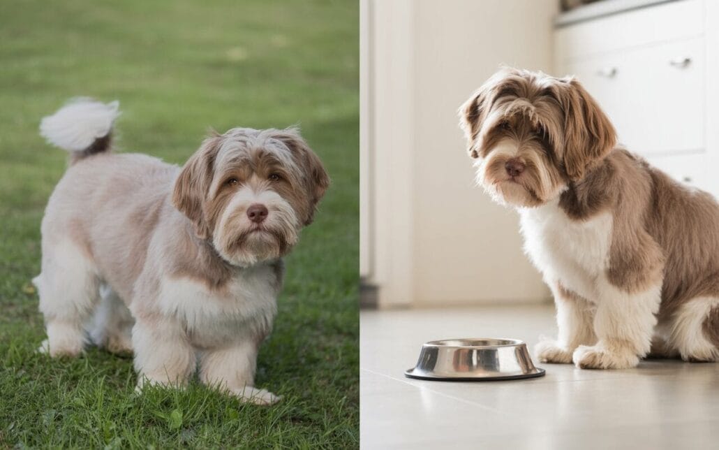 Two photos of a small, fluffy dog with light brown and white fur; one shows the dog standing on grass, the other sitting indoors by a metal food bowl.