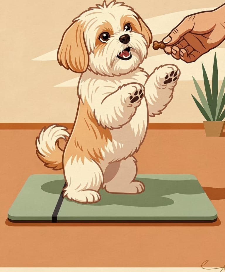 A small fluffy dog stands on its hind legs on a mat, reaching for a treat held by a human hand.