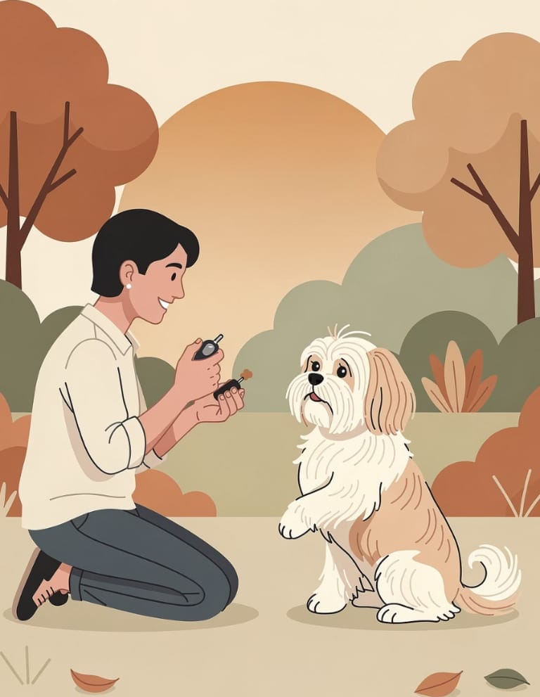 A person kneels on the ground holding a treat while training a small, fluffy dog that is sitting up on its hind legs in a park with autumn trees.