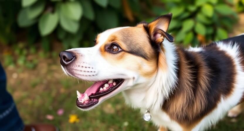 A medium-sized dog with a tricolor coat stands outdoors, mouth open, showing teeth, with greenery in the background.
