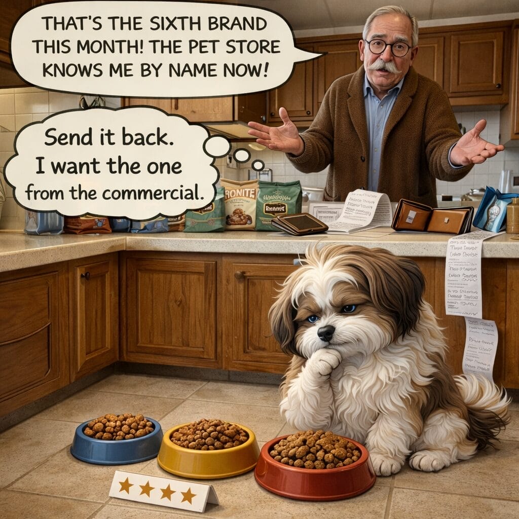 A man stands in a kitchen with dog food packets and receipts, looking frustrated, while a dog sits by three food bowls, thinking, "Send it back. I want the one from the commercial.