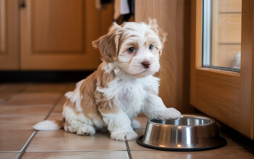 A small, fluffy brown and white puppy sits indoors on a tiled floor with one paw resting on a metal food bowl near a glass door.