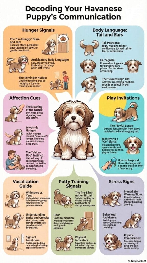 Infographic explaining Havanese puppy communication, including hunger signals, body language, affection cues, play invitations, vocalizations, potty training signals, and stress signs.