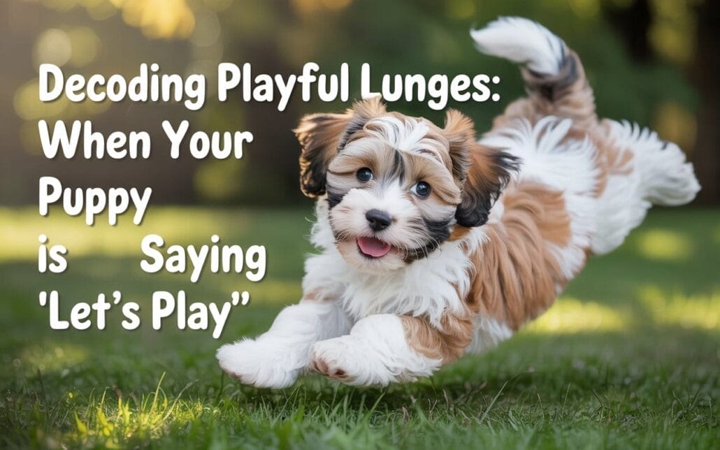 A fluffy brown and white puppy is jumping playfully on grass, with the text: "Decoding Playful Lunges: When Your Puppy is Saying 'Let's Play’".