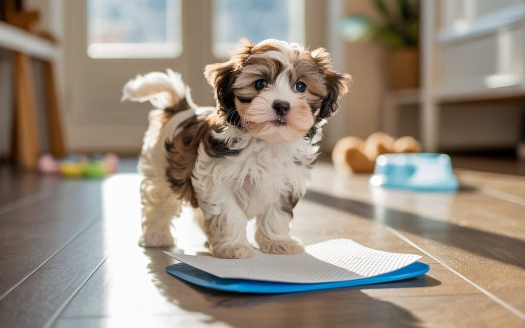 A small, fluffy puppy stands on an indoor training pad in a sunlit room with dog bowls and toys in the background.