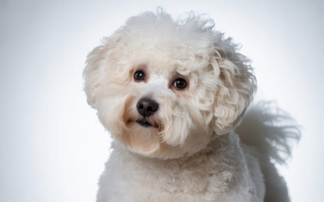 A fluffy white dog with curly fur is facing the camera against a plain light background.