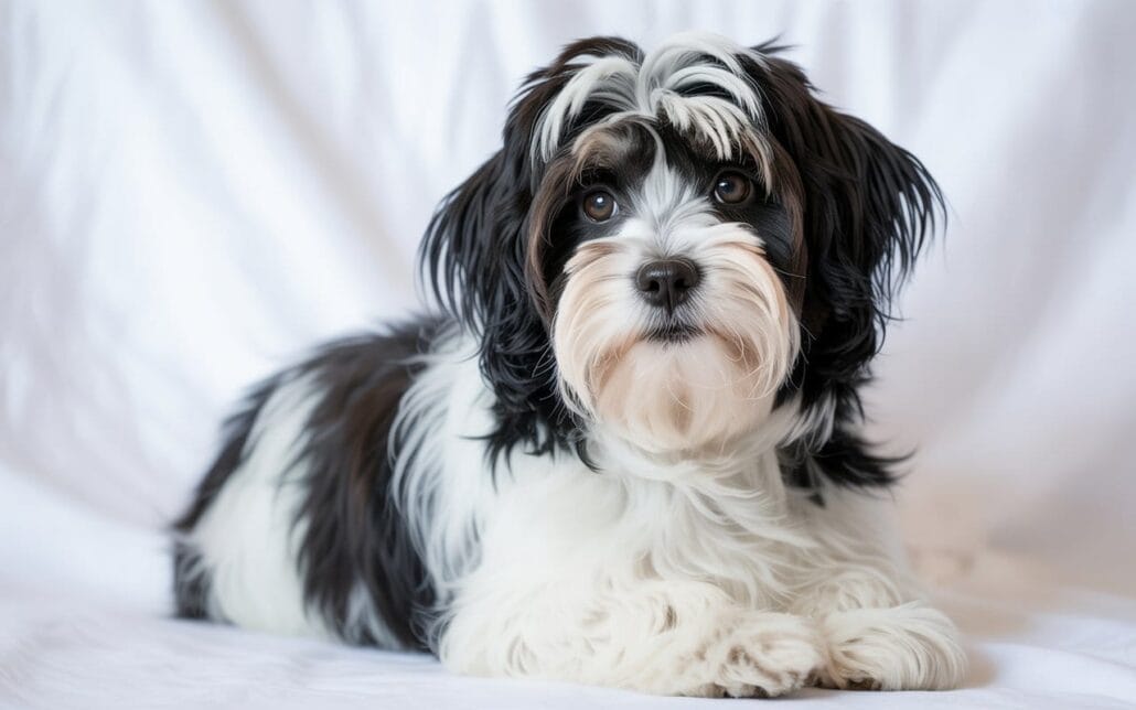 Small black and white dog with long fur lying on a white surface, looking forward with alert expression.