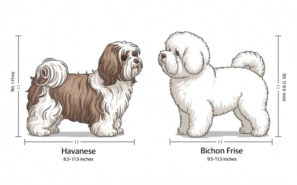 Illustration comparing a Havanese and a Bichon Frise, showing their sizes with measurements; Havanese is brown and white, Bichon Frise is solid white.